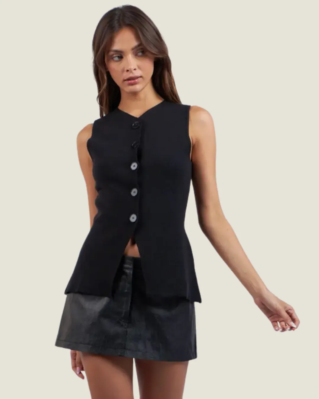 The Newport: Black Button Up Knit Vest Top
