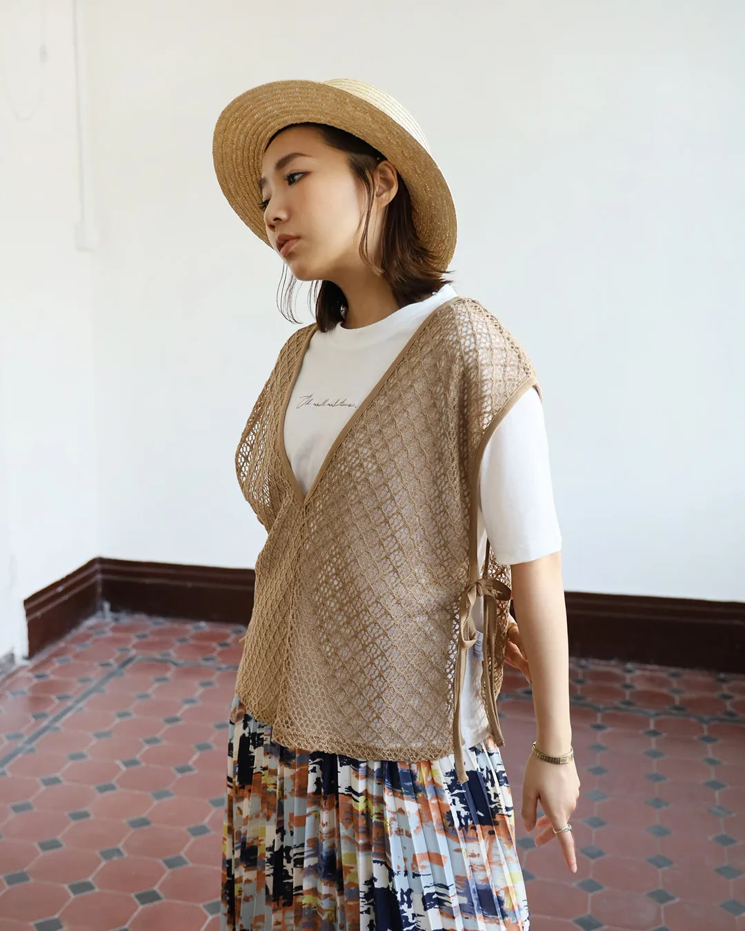 Tie Waist Knitted Vest   Tee (Set)
