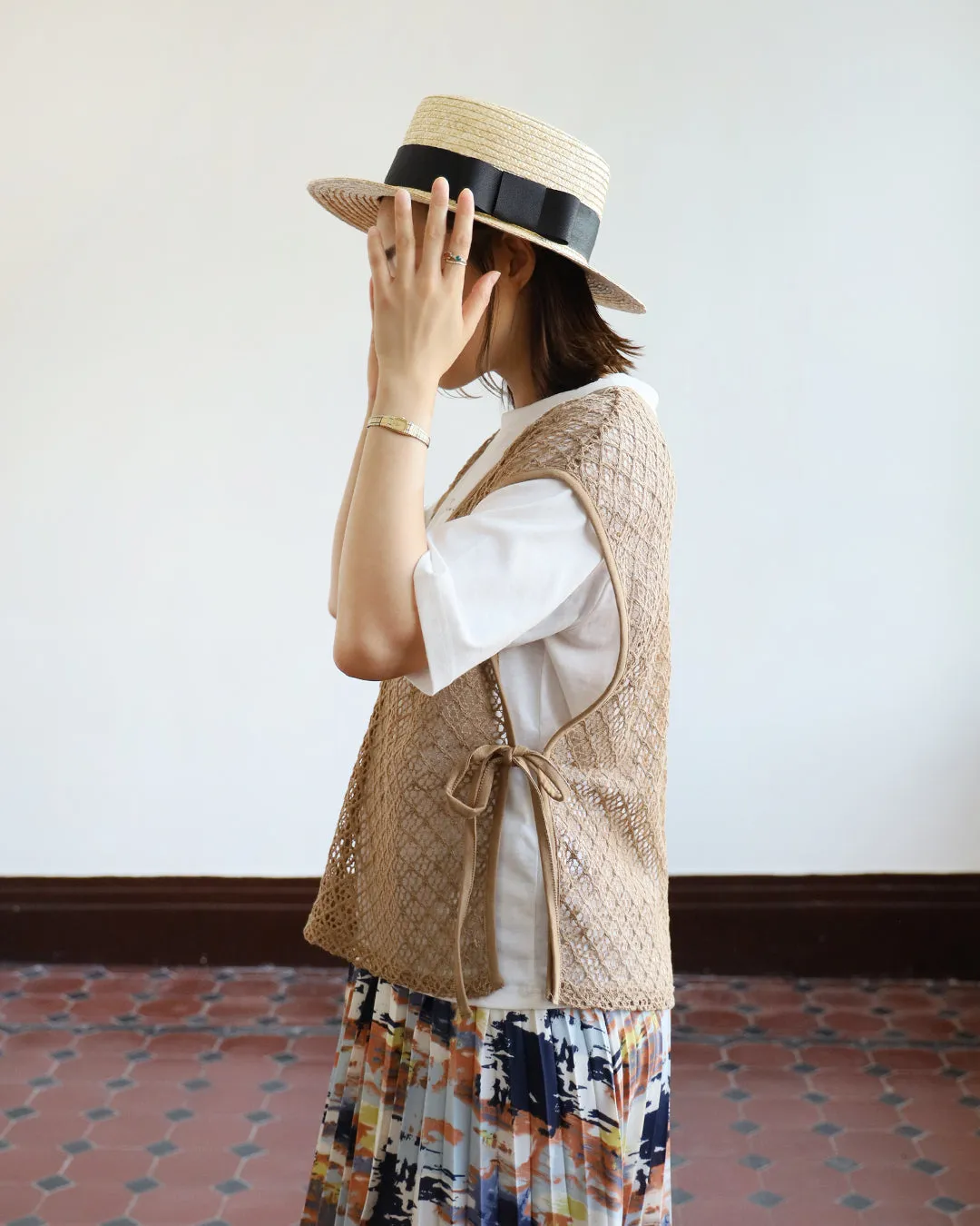 Tie Waist Knitted Vest   Tee (Set)