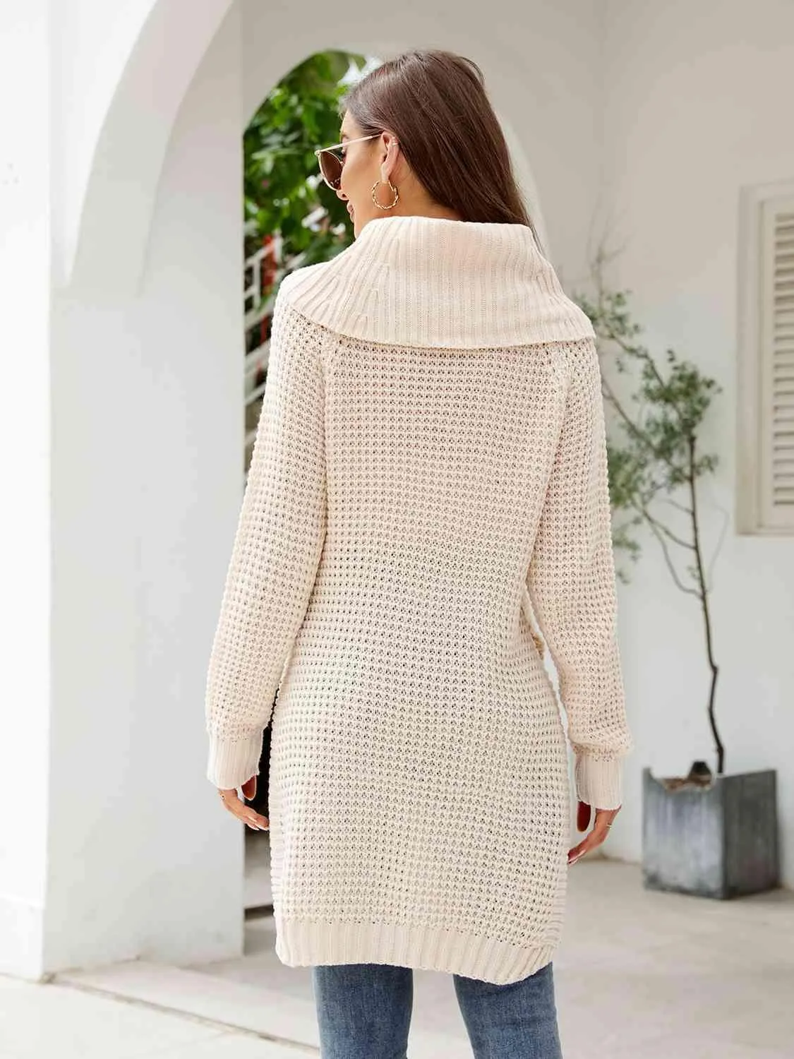 Turtleneck Slit Waffle Knit Sweater Dress