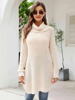 Turtleneck Slit Waffle Knit Sweater Dress