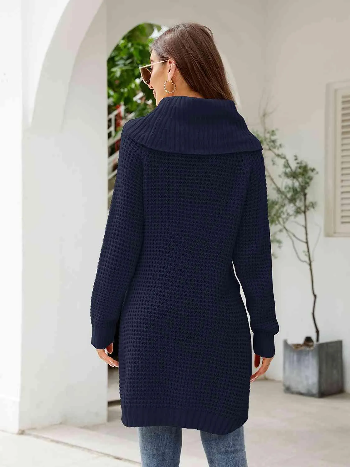 Turtleneck Slit Waffle Knit Sweater Dress