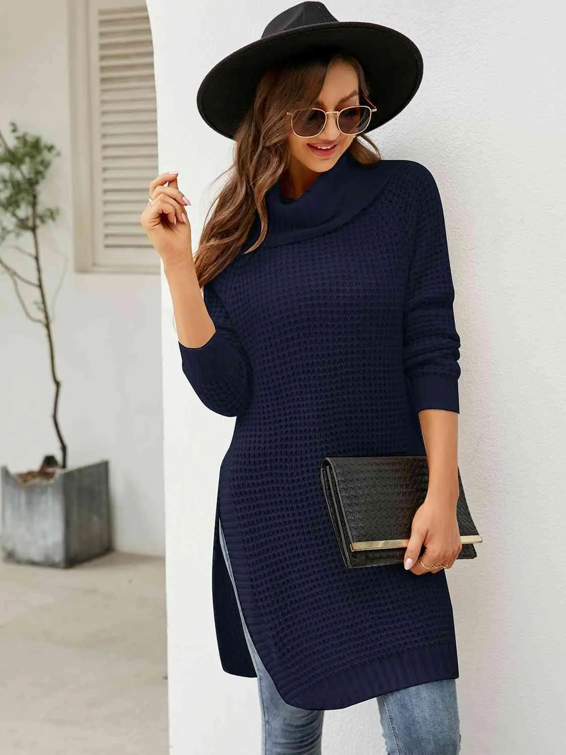Turtleneck Slit Waffle Knit Sweater Dress
