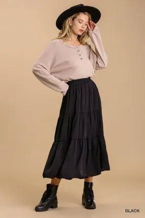 Umgee Elastic Waist Band Tiered Skirt with Lining