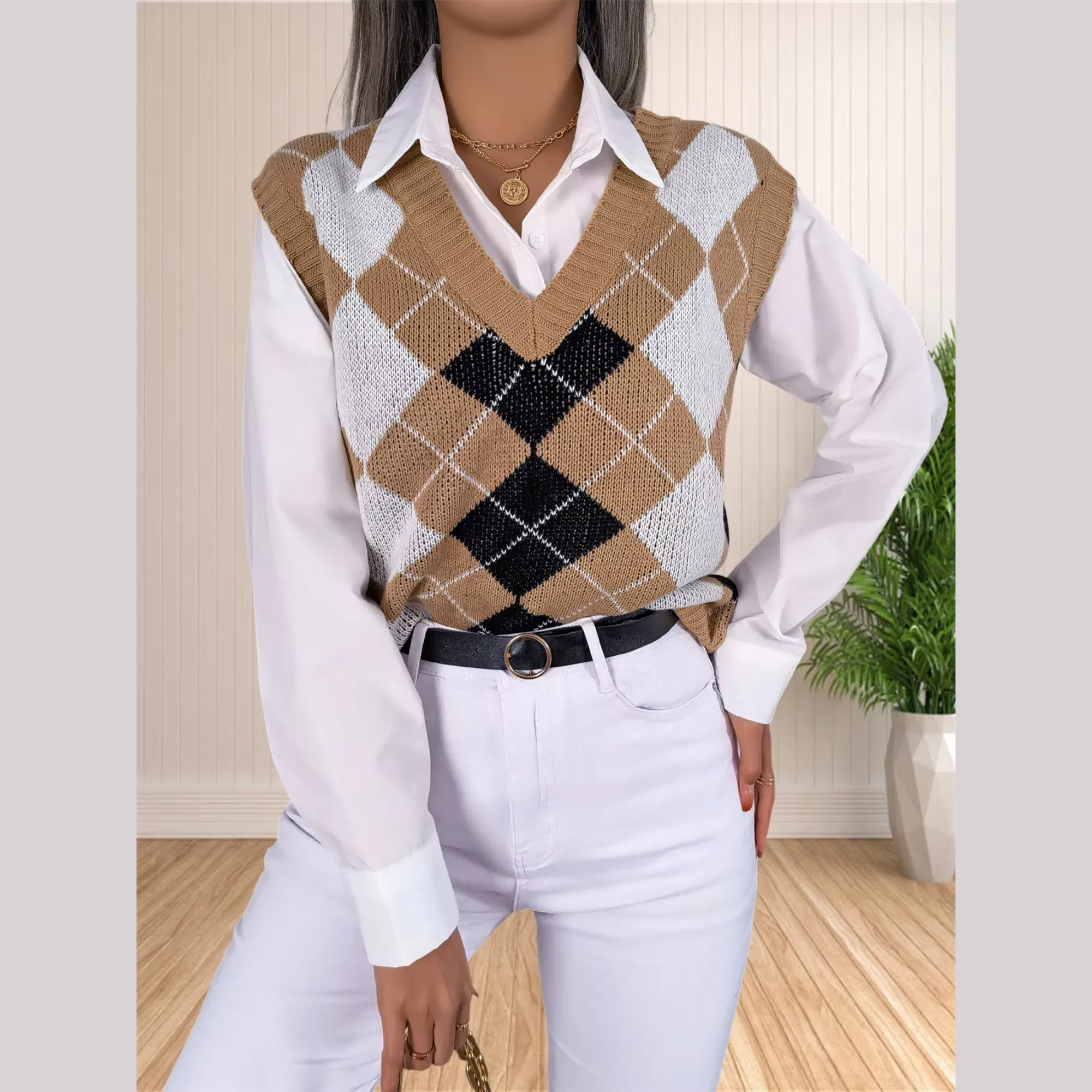 Victory - Beige Argyle Knitted Sweater Vest