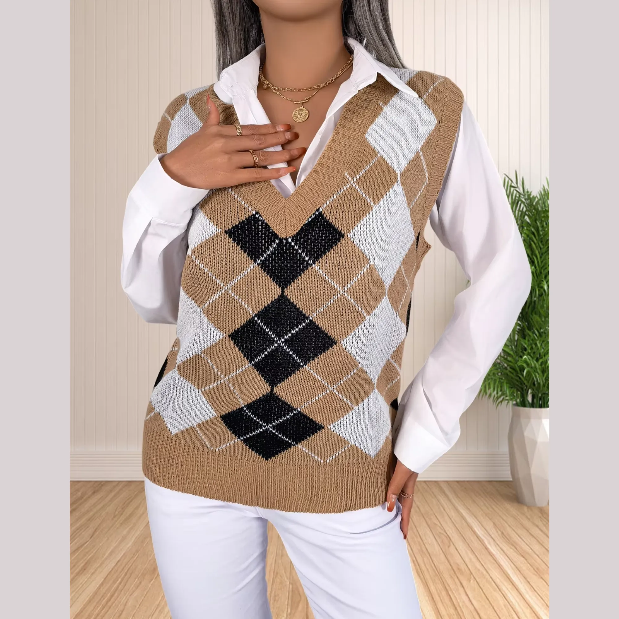 Victory - Beige Argyle Knitted Sweater Vest