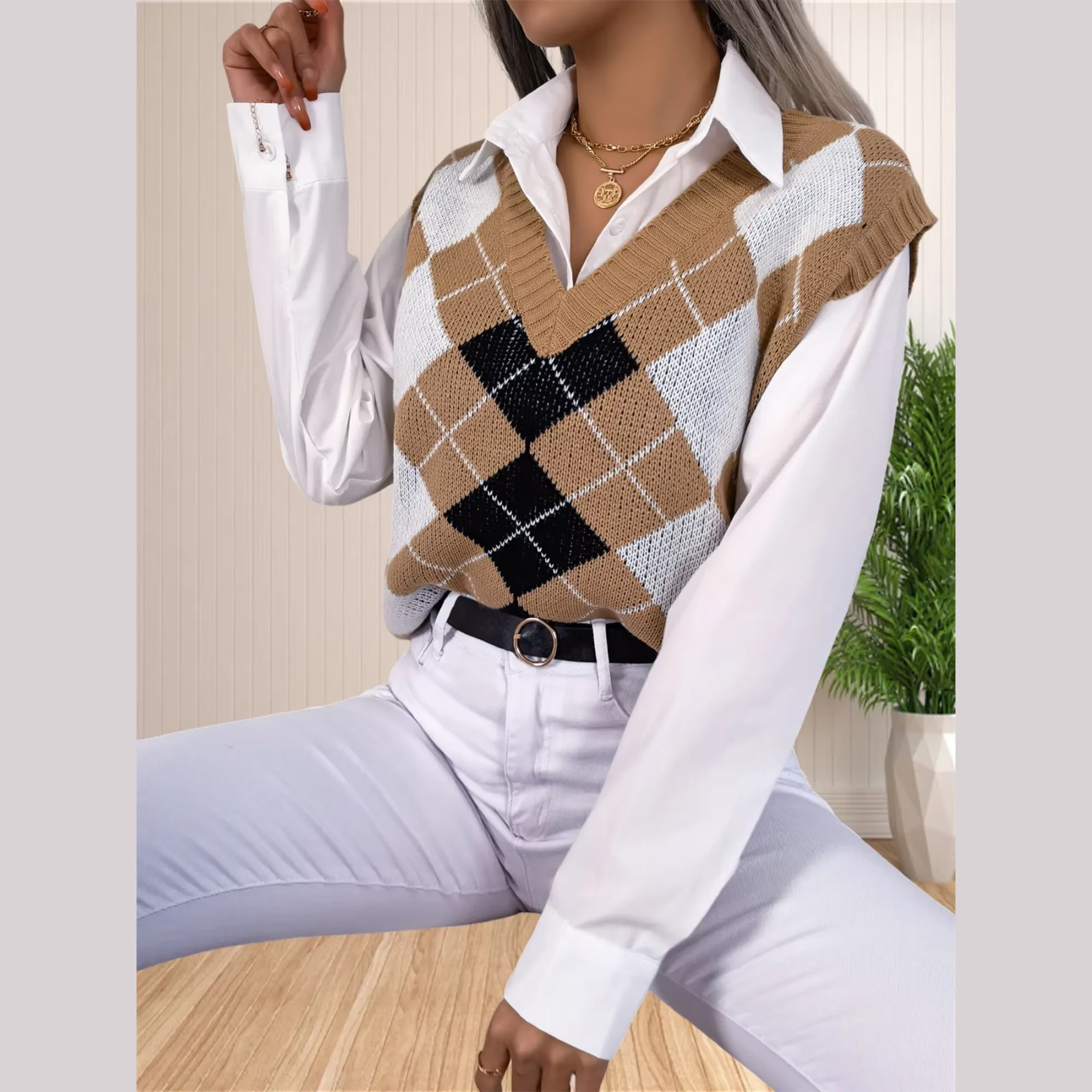 Victory - Beige Argyle Knitted Sweater Vest