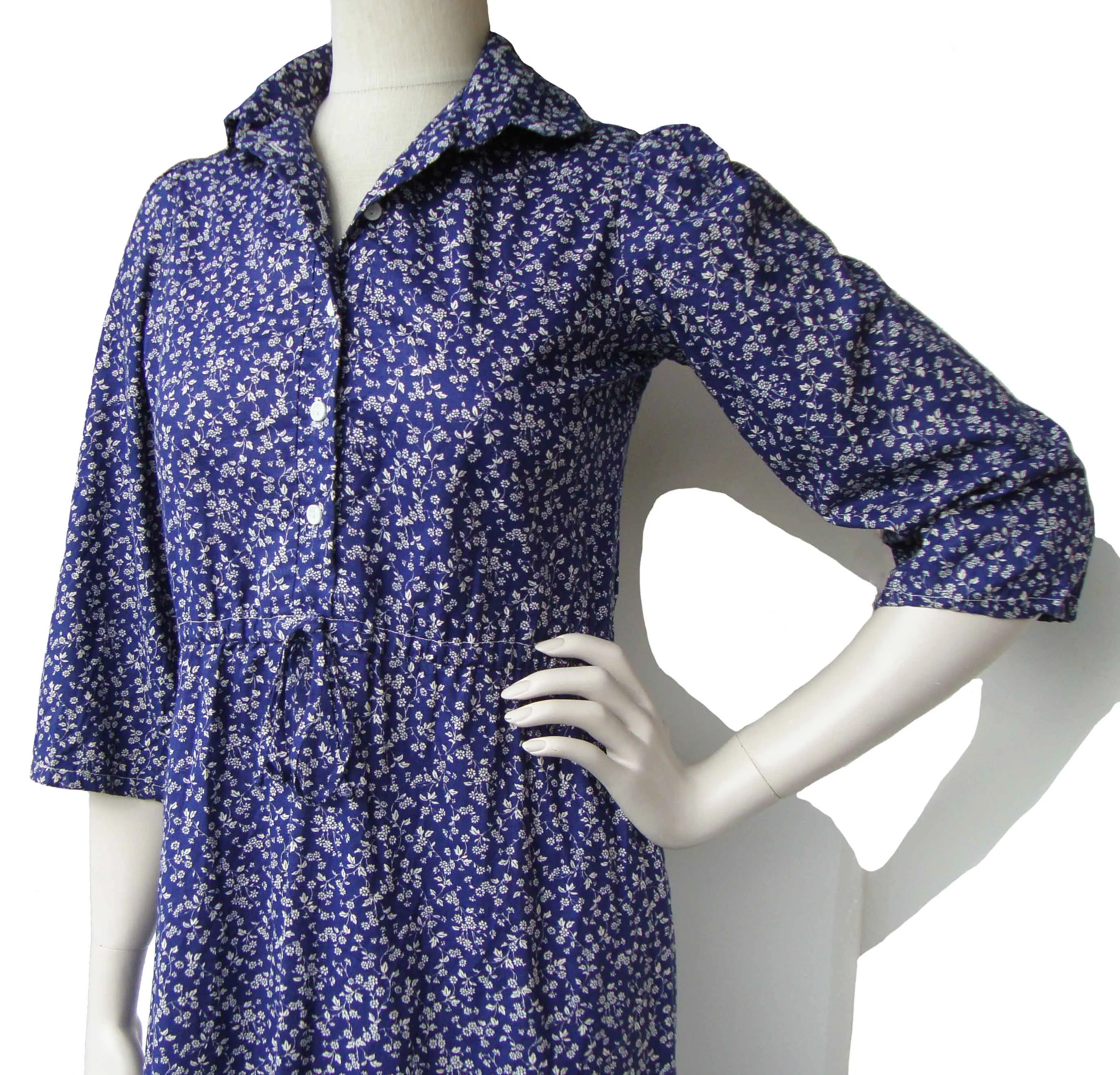 Vintage 70s Prairie Dress Blue & White Floral Peasant Calico Print M