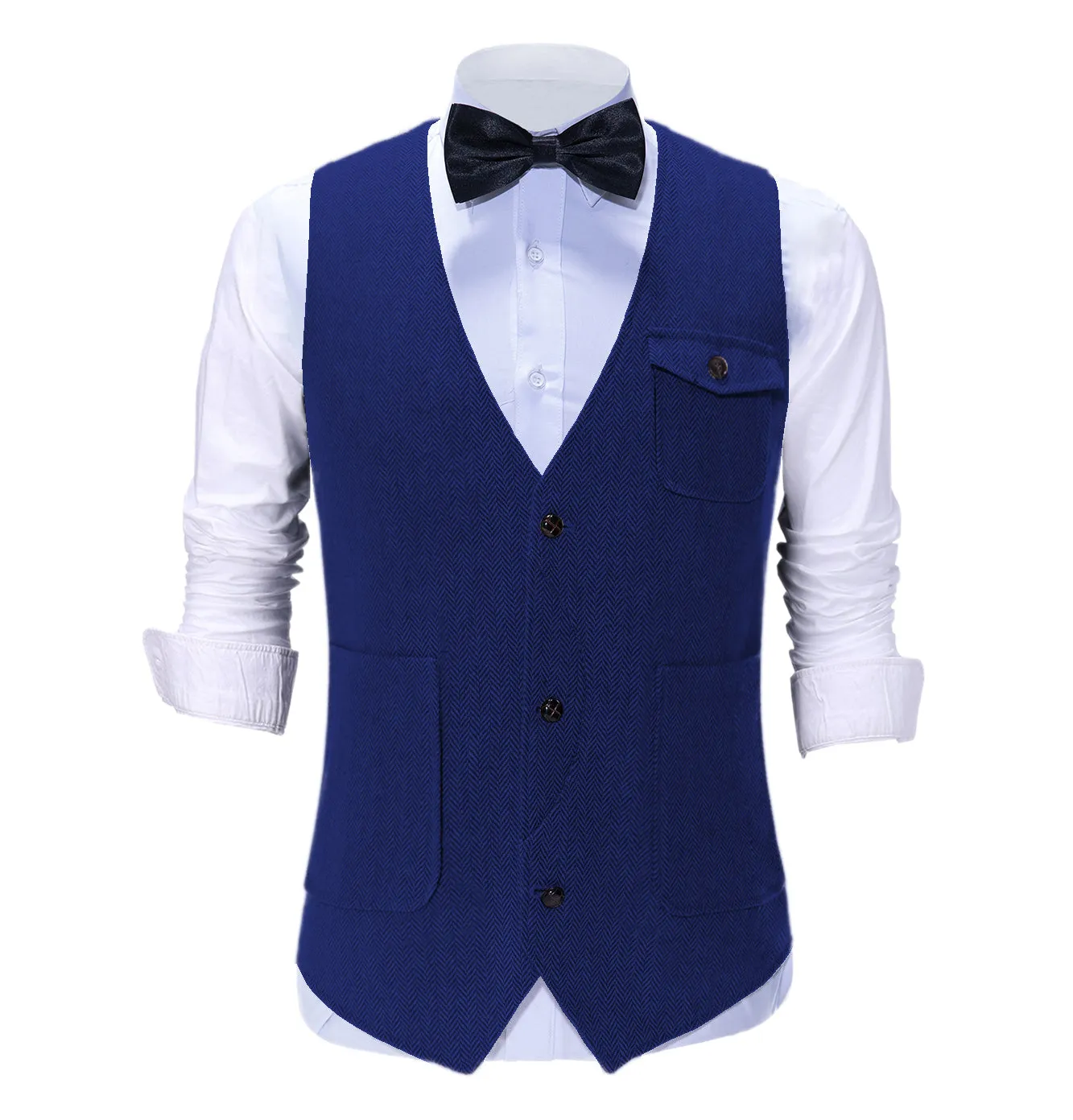 Vintage Classical Mens Regular Fit Tweed Herringbone V Neck Suit Vest