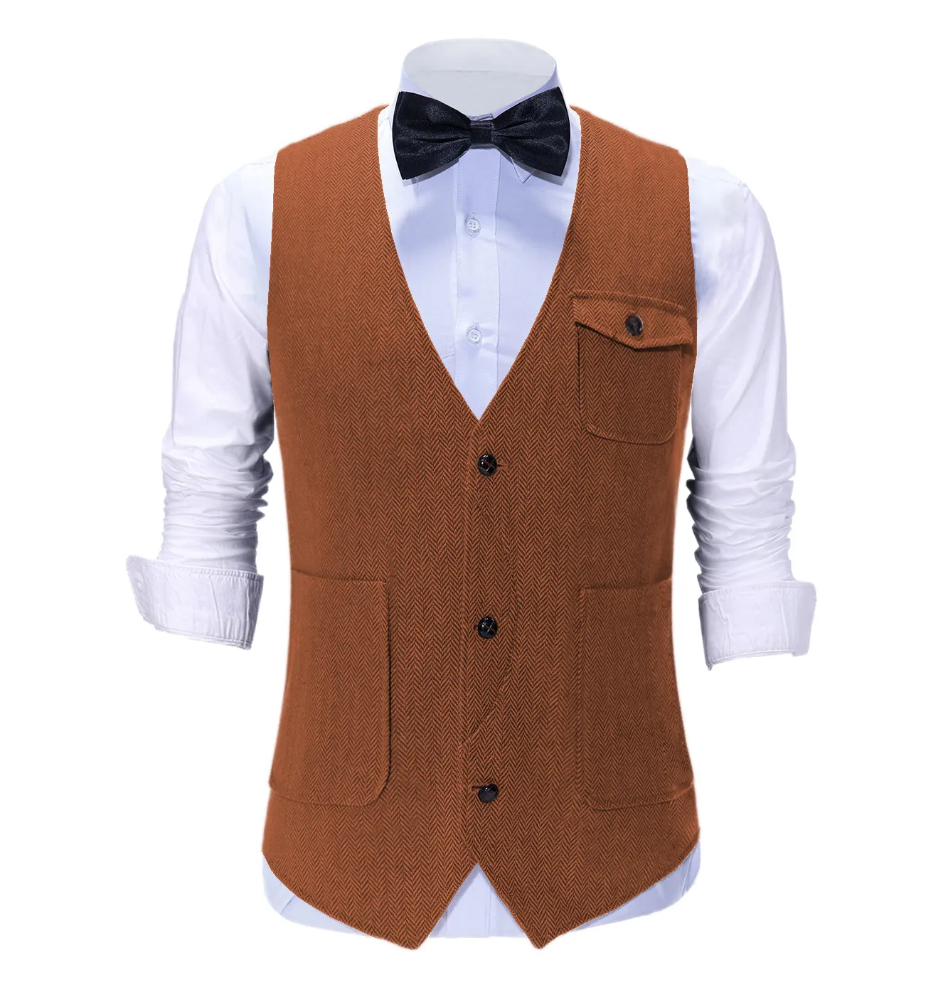 Vintage Classical Mens Regular Fit Tweed Herringbone V Neck Suit Vest