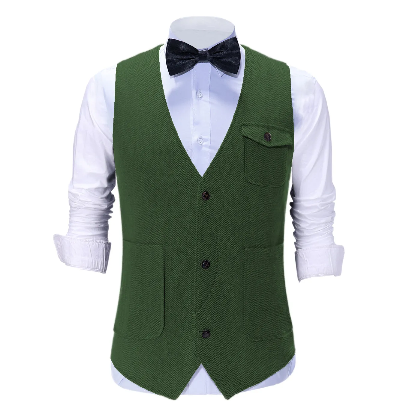 Vintage Classical Mens Regular Fit Tweed Herringbone V Neck Suit Vest