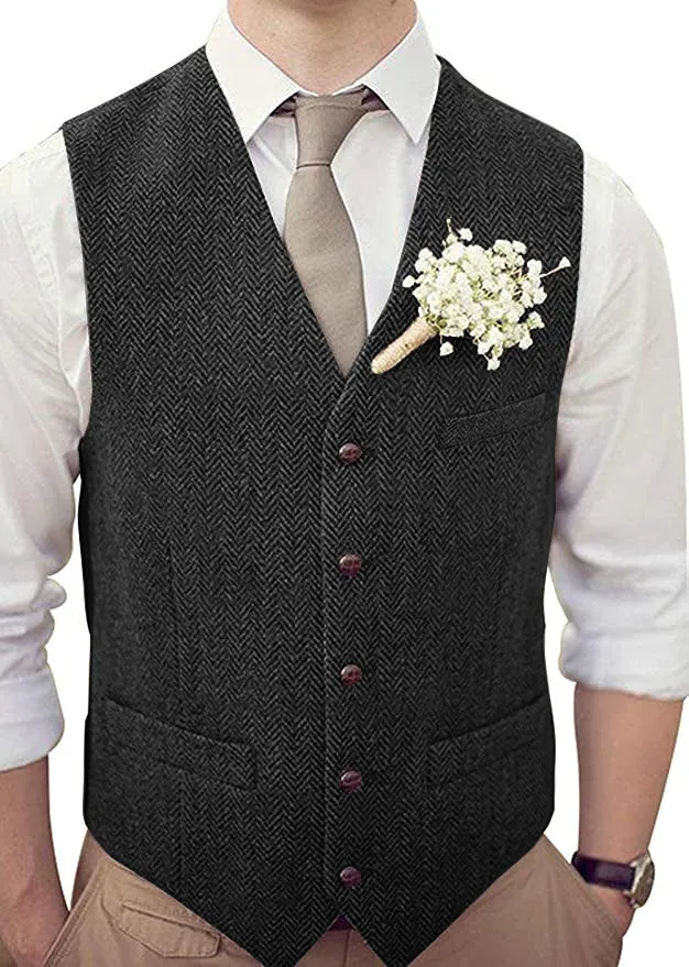 Vintage Classical Mens Regular Fit Tweed Herringbone V Neck Waistcoat