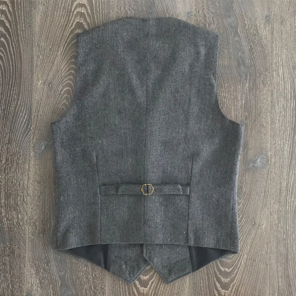 Vintage Classical Mens Regular Fit Tweed Herringbone V Neck Waistcoat