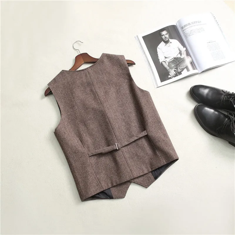 Vintage Classical Mens Regular Fit Tweed Herringbone V Neck Waistcoat