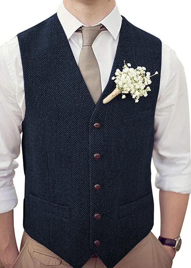 Vintage Classical Mens Regular Fit Tweed Herringbone V Neck Waistcoat