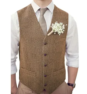 Vintage Classical Mens Regular Fit Tweed Herringbone V Neck Waistcoat