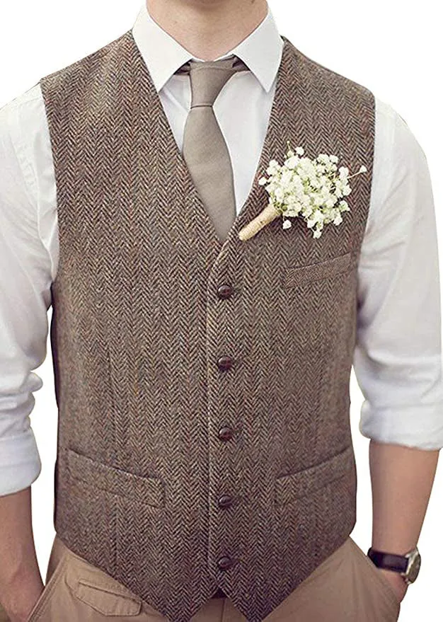 Vintage Classical Mens Regular Fit Tweed Herringbone V Neck Waistcoat