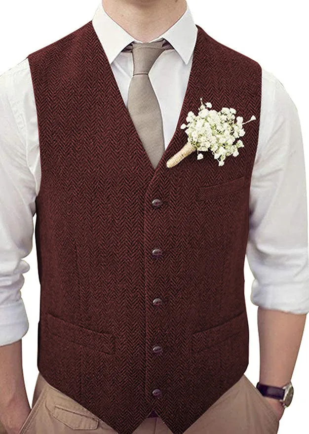 Vintage Classical Mens Regular Fit Tweed Herringbone V Neck Waistcoat