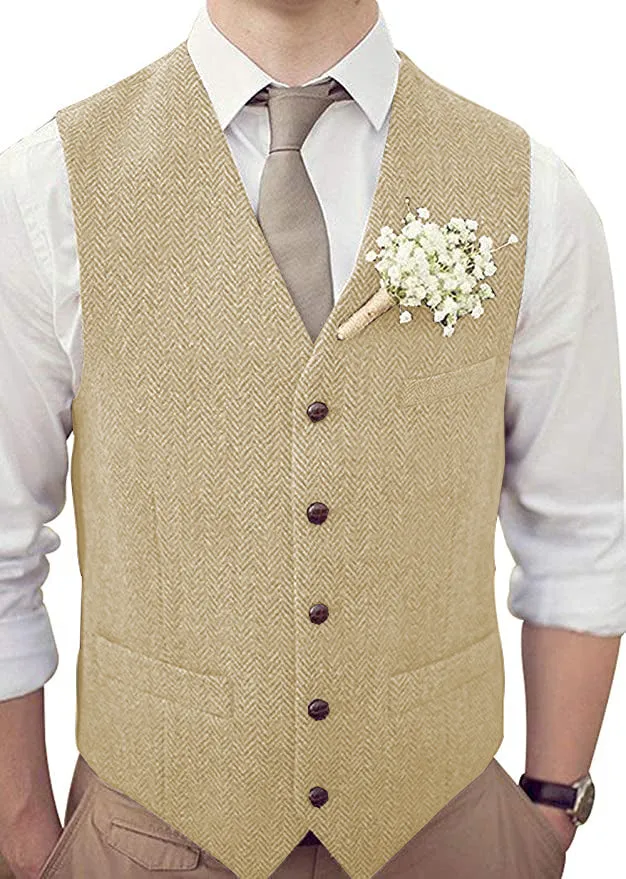 Vintage Classical Mens Regular Fit Tweed Herringbone V Neck Waistcoat
