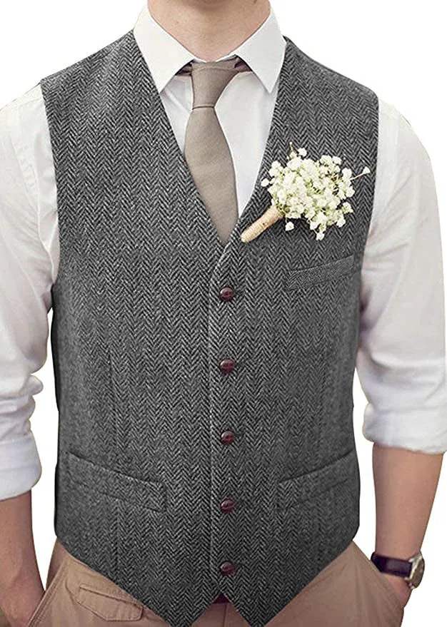 Vintage Classical Mens Regular Fit Tweed Herringbone V Neck Waistcoat