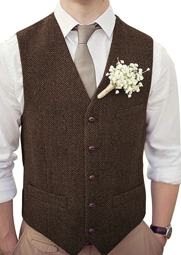 Vintage Classical Mens Regular Fit Tweed Herringbone V Neck Waistcoat
