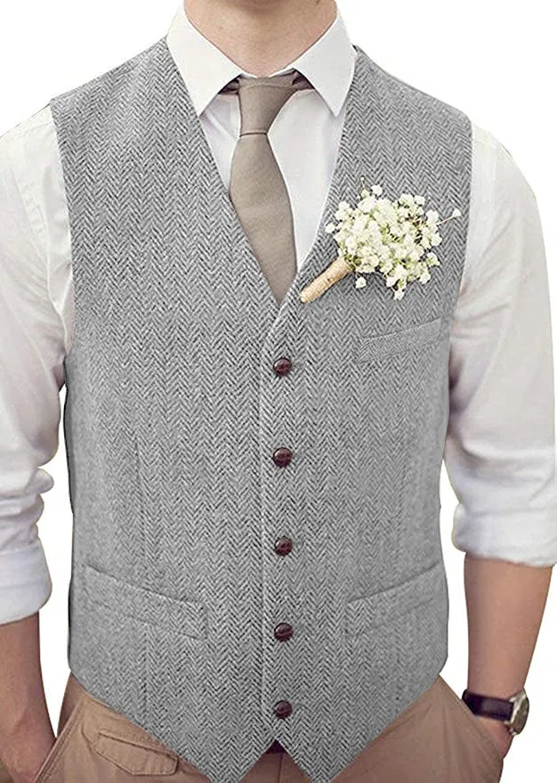 Vintage Classical Mens Regular Fit Tweed Herringbone V Neck Waistcoat