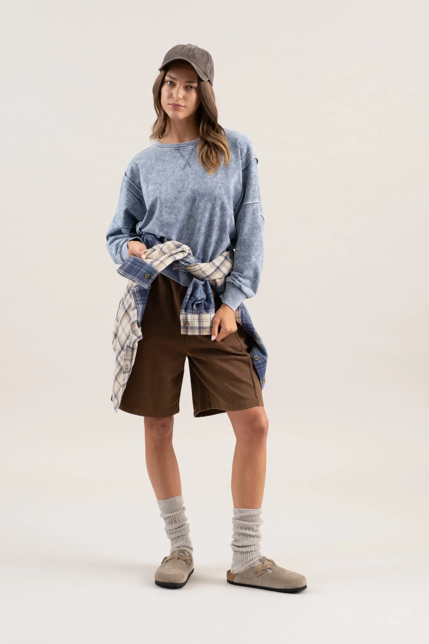 WASHED EXTENDED SHOULDER KNIT TOP