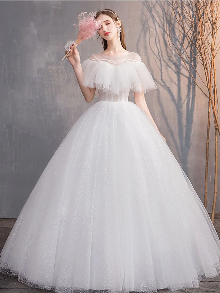 White Round Neck Tulle Long Wedding Dress, White Tulle Long Bridal Dress