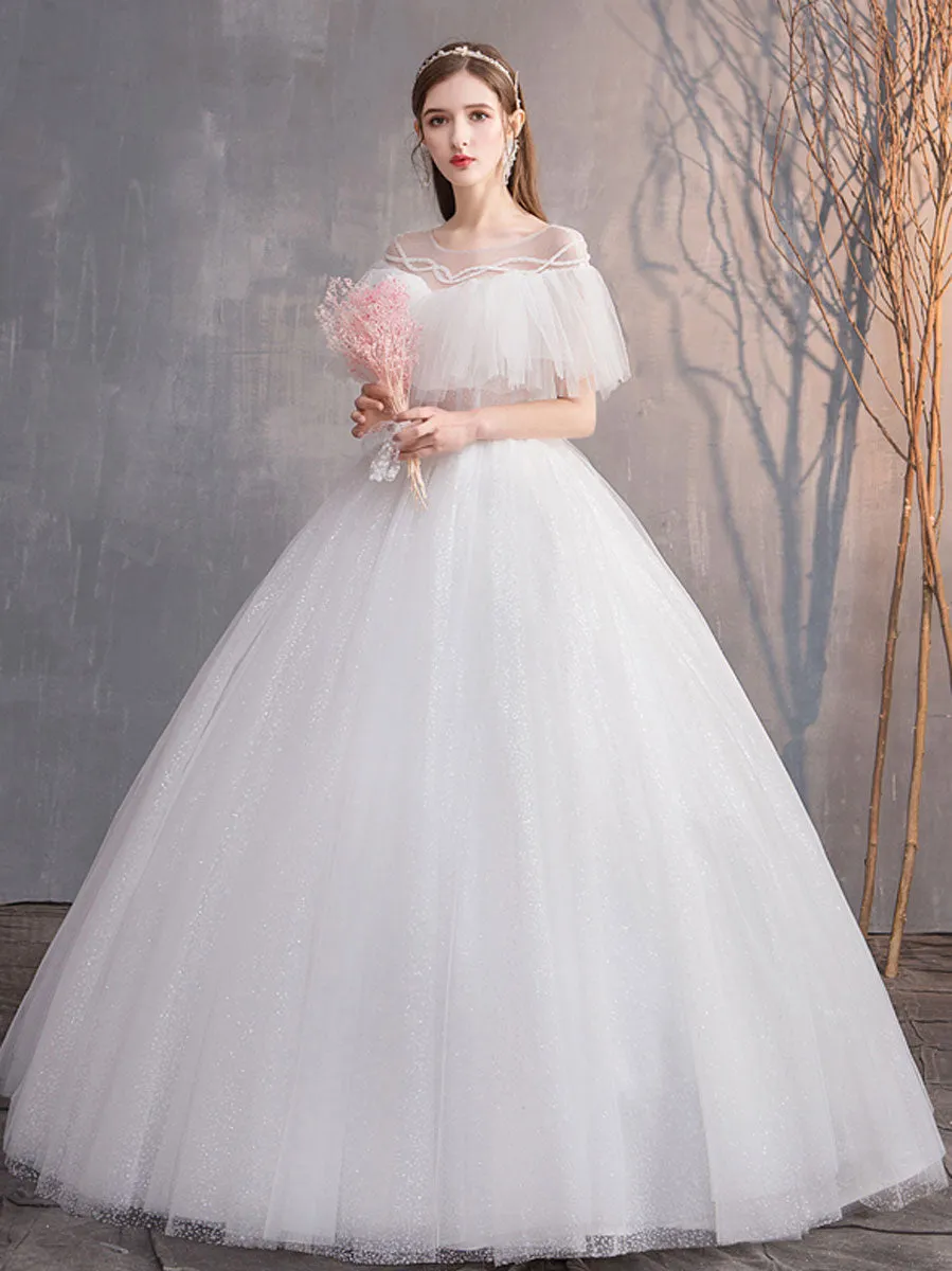 White Round Neck Tulle Long Wedding Dress, White Tulle Long Bridal Dress