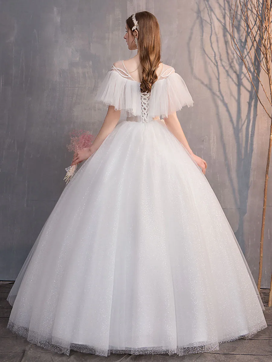 White Round Neck Tulle Long Wedding Dress, White Tulle Long Bridal Dress