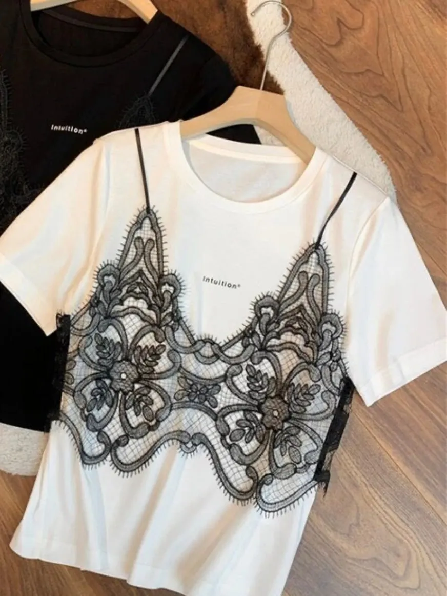 White T-shirt black lace double layer