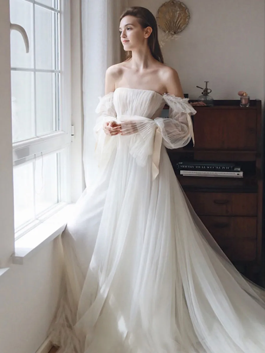 White Tulle A line Long Prom Dress, White Formal Dresses
