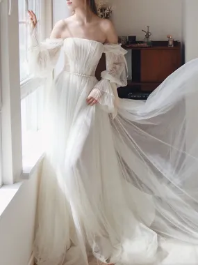 White Tulle A line Long Prom Dress, White Formal Dresses