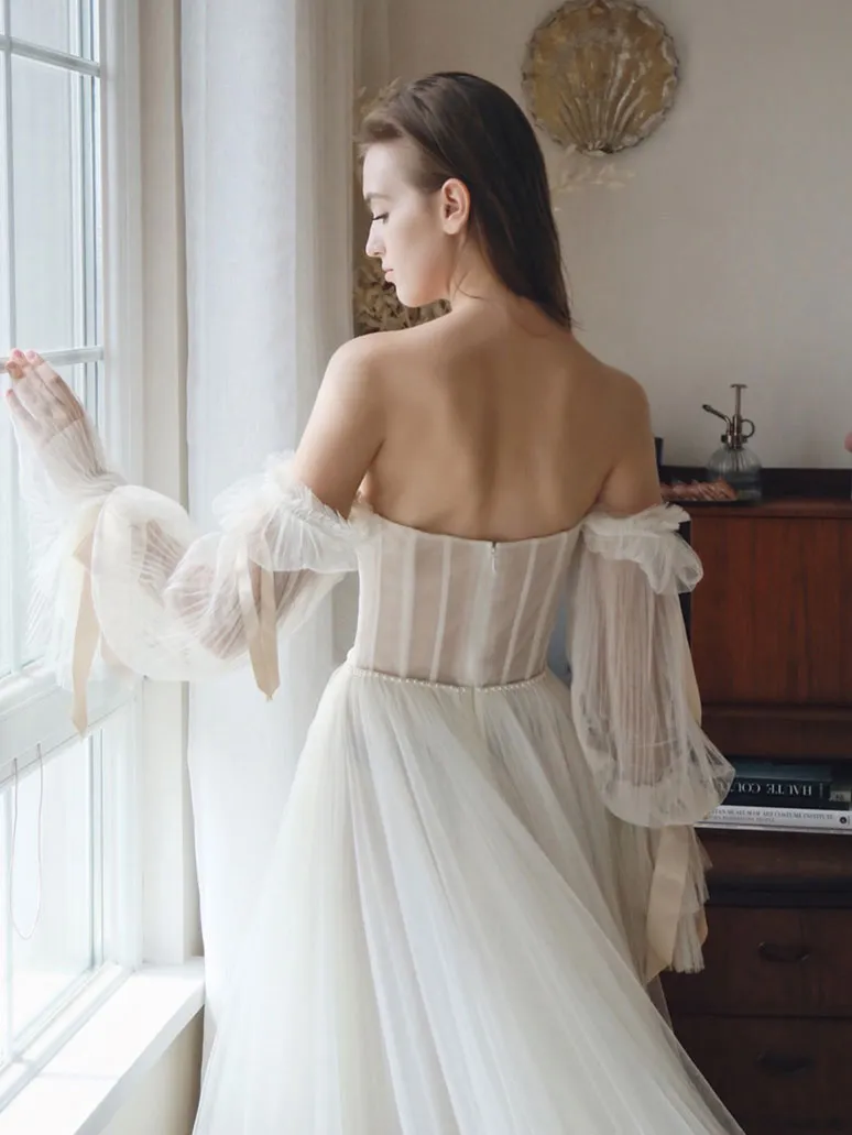White Tulle A line Long Prom Dress, White Formal Dresses