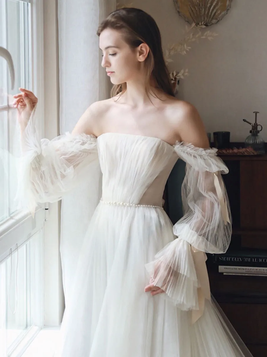 White Tulle A line Long Prom Dress, White Formal Dresses