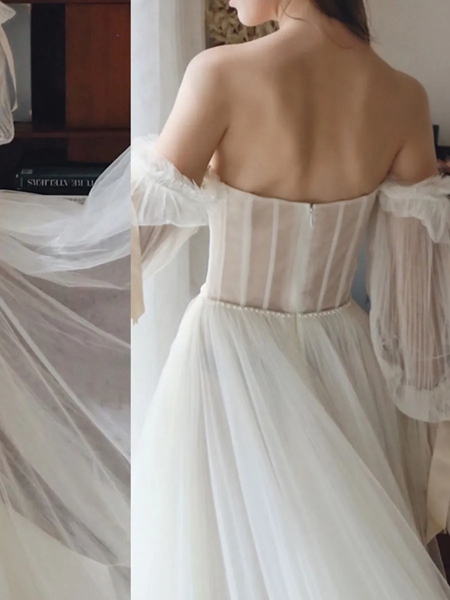 White Tulle A line Long Prom Dress, White Formal Dresses