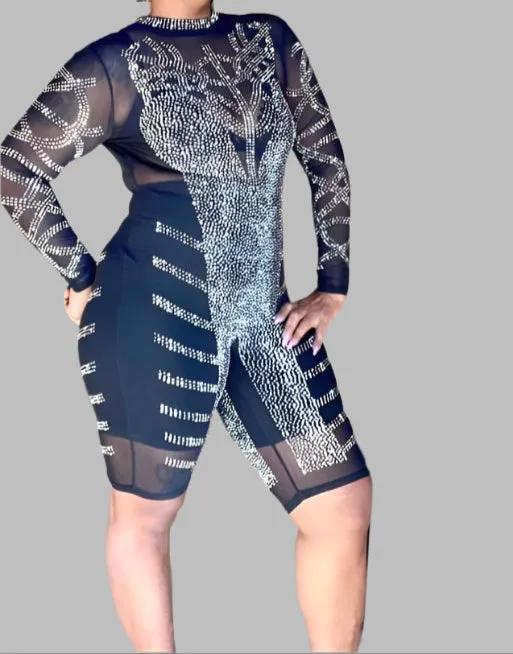 WOMEN "Dazzling Sheer Rhinestone Short Jumpsuit"