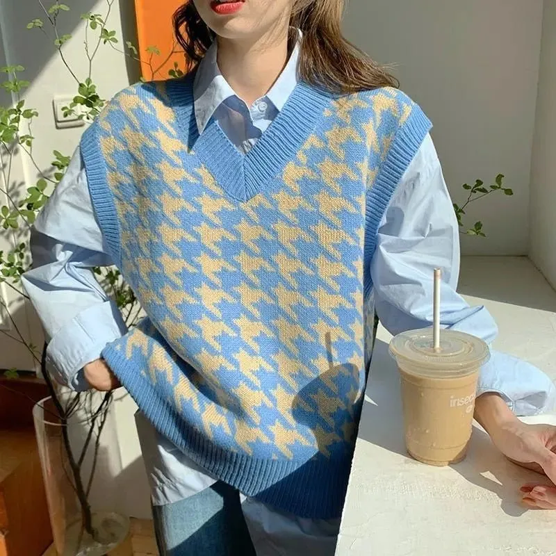Women Sweater Vest Autumn Houndstooth Plaid V-neck Sleeveless Knitted Vintage Loose Oversized Female Sweater Vest Women Clothing