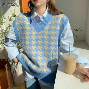 Women Sweater Vest Autumn Houndstooth Plaid V-neck Sleeveless Knitted Vintage Loose Oversized Female Sweater Vest Women Clothing
