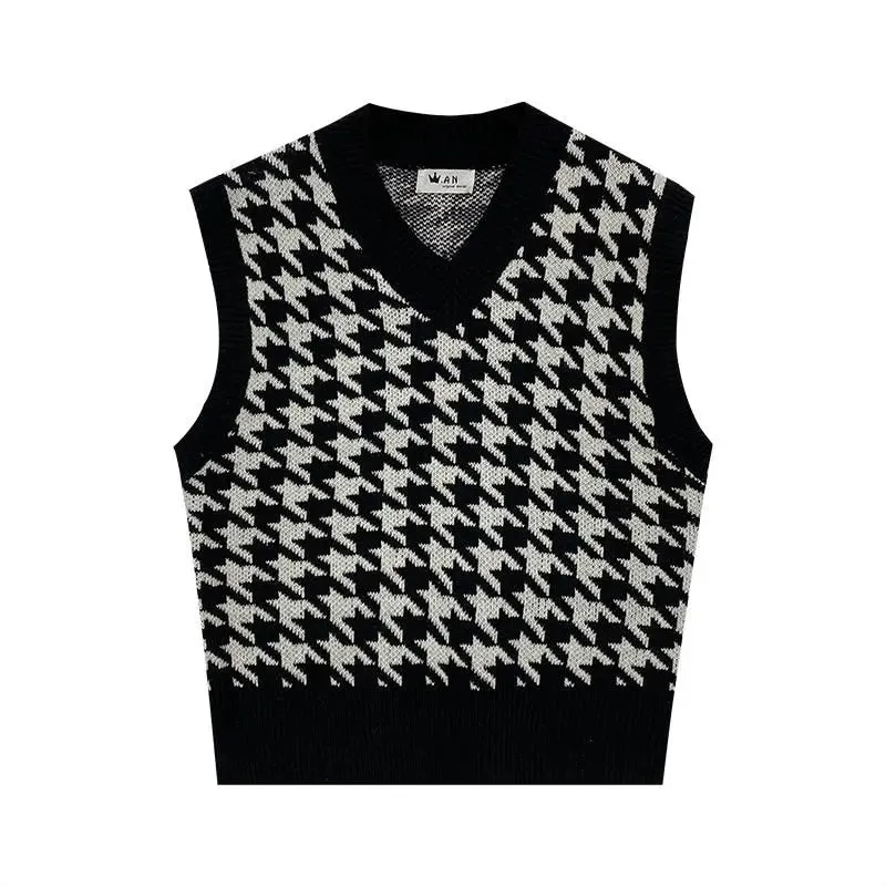 Women Sweater Vest Autumn Houndstooth Plaid V-neck Sleeveless Knitted Vintage Loose Oversized Female Sweater Vest Women Clothing