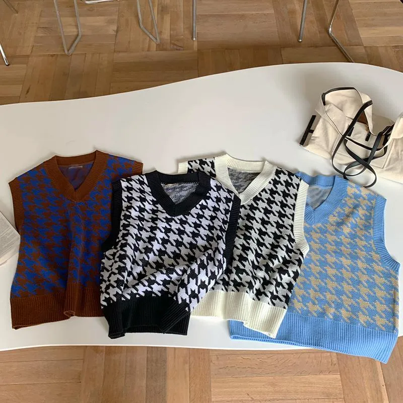 Women Sweater Vest Autumn Houndstooth Plaid V-neck Sleeveless Knitted Vintage Loose Oversized Female Sweater Vest Women Clothing