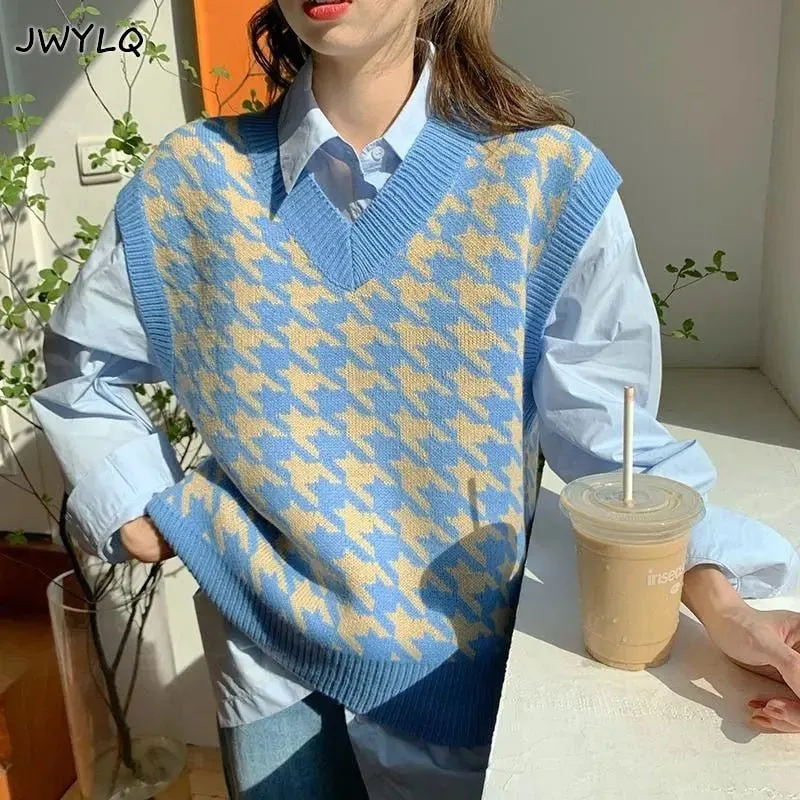 Women Sweater Vest Autumn Houndstooth Plaid V-neck Sleeveless Knitted Vintage Loose Oversized Female Sweater Vest Women Clothing