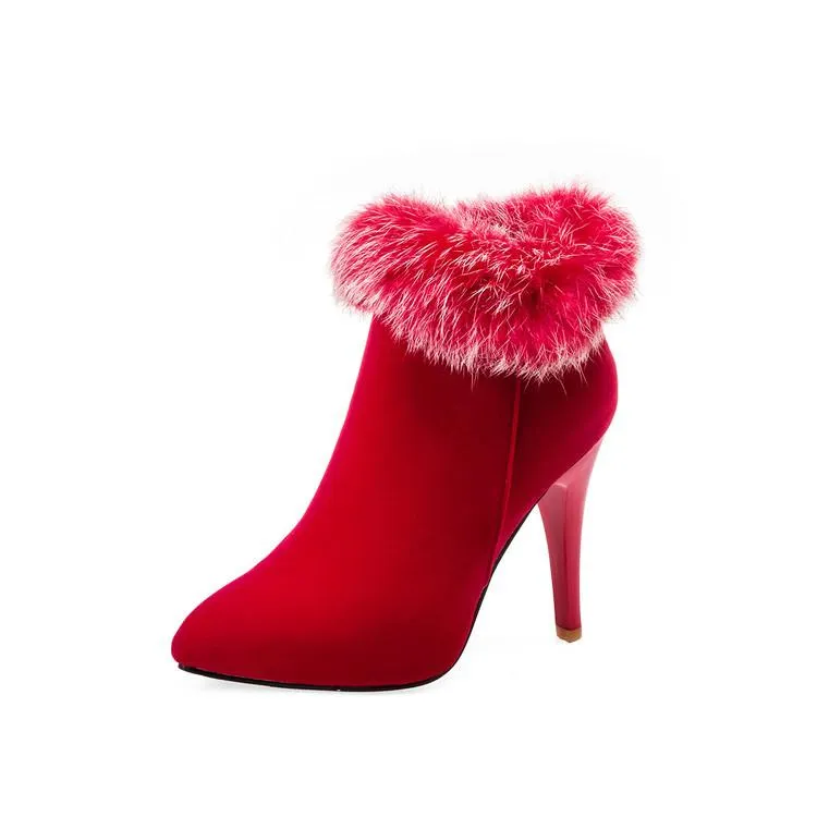 Women winter stiletto high heel pointed toe faux fur ankle boots
