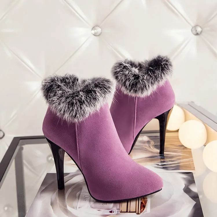 Women winter stiletto high heel pointed toe faux fur ankle boots
