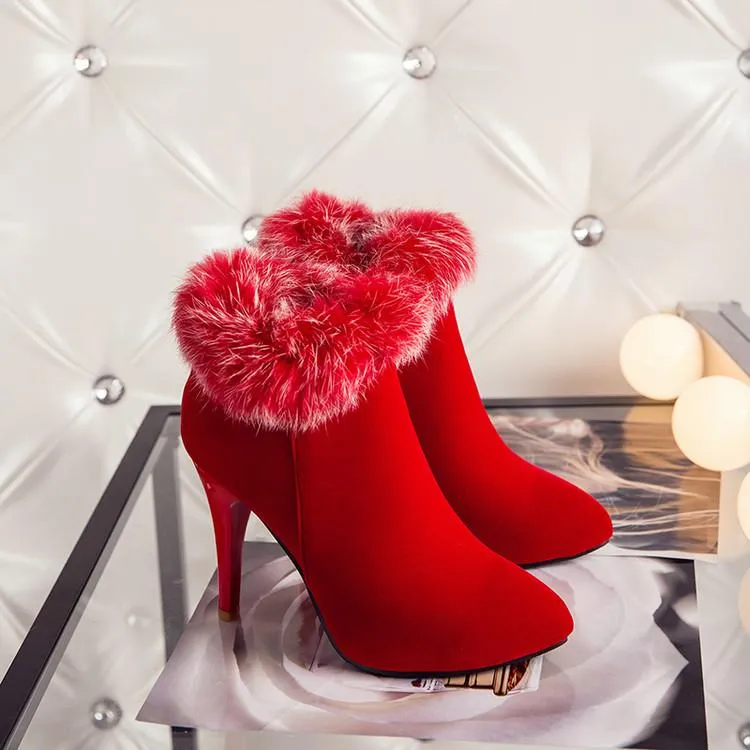 Women winter stiletto high heel pointed toe faux fur ankle boots