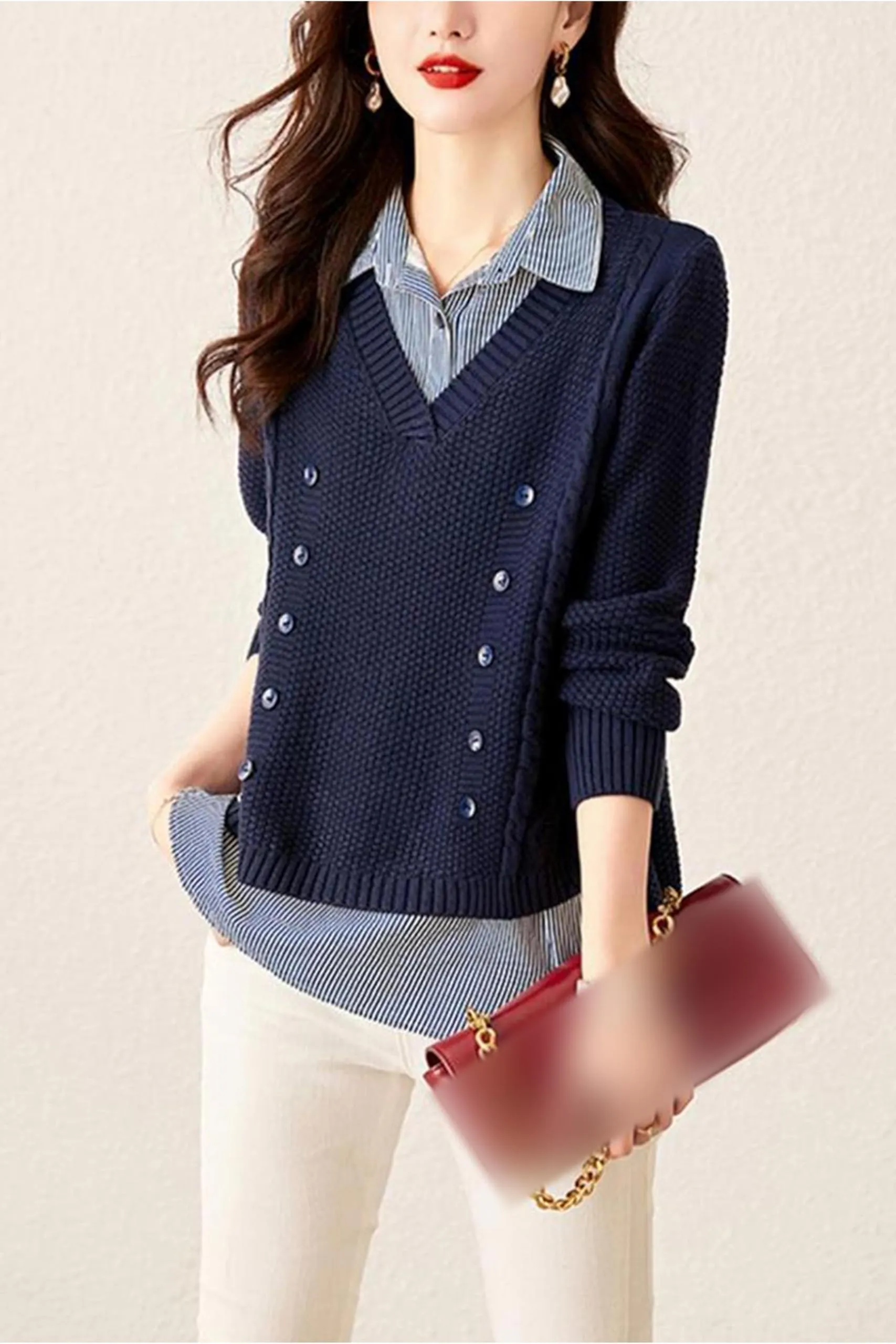 Women's Casual Collared Knit 2 in 1 Pullover Blouse Top