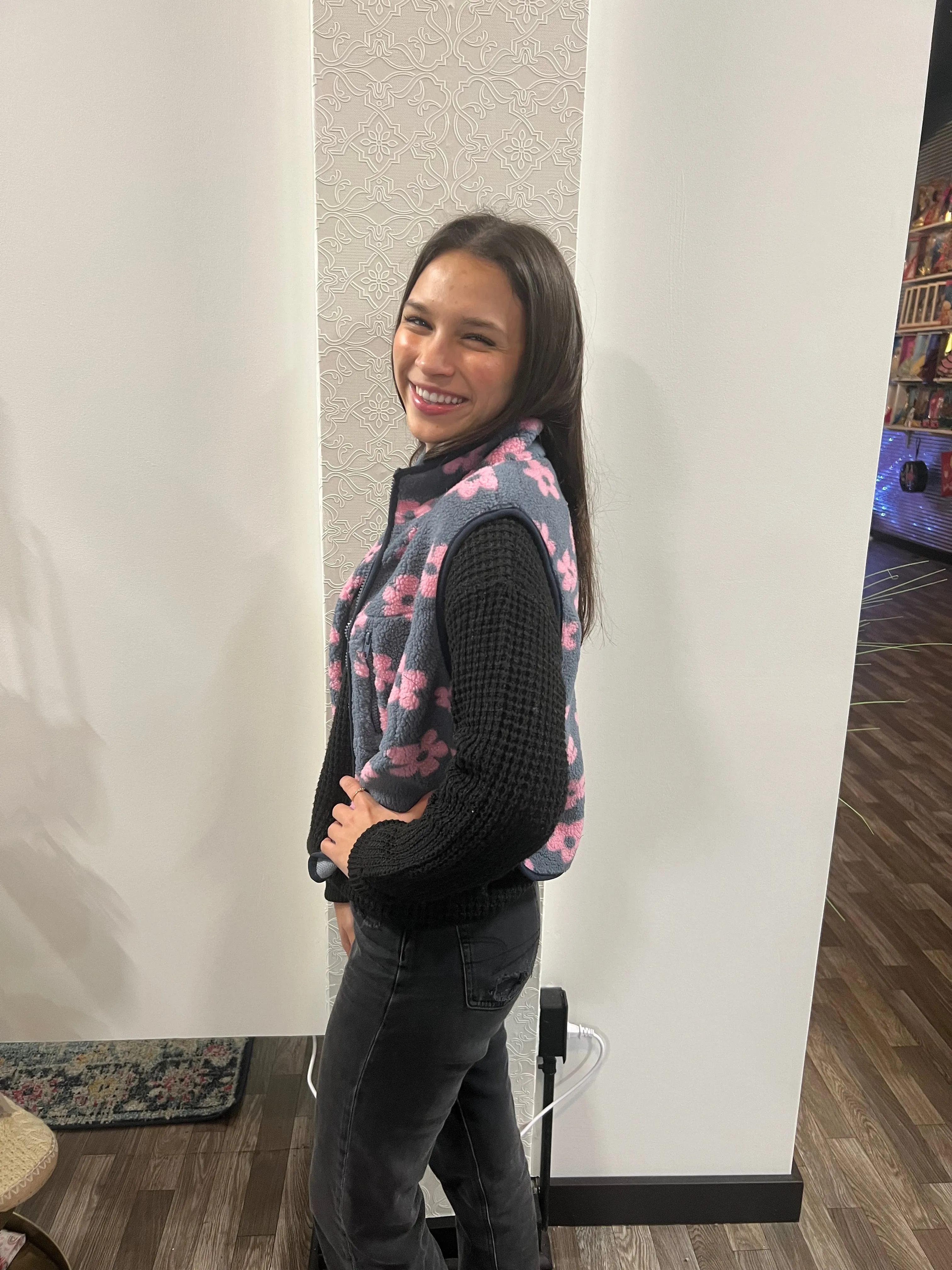 Women's Pink Flower Zipper Fleece Vest