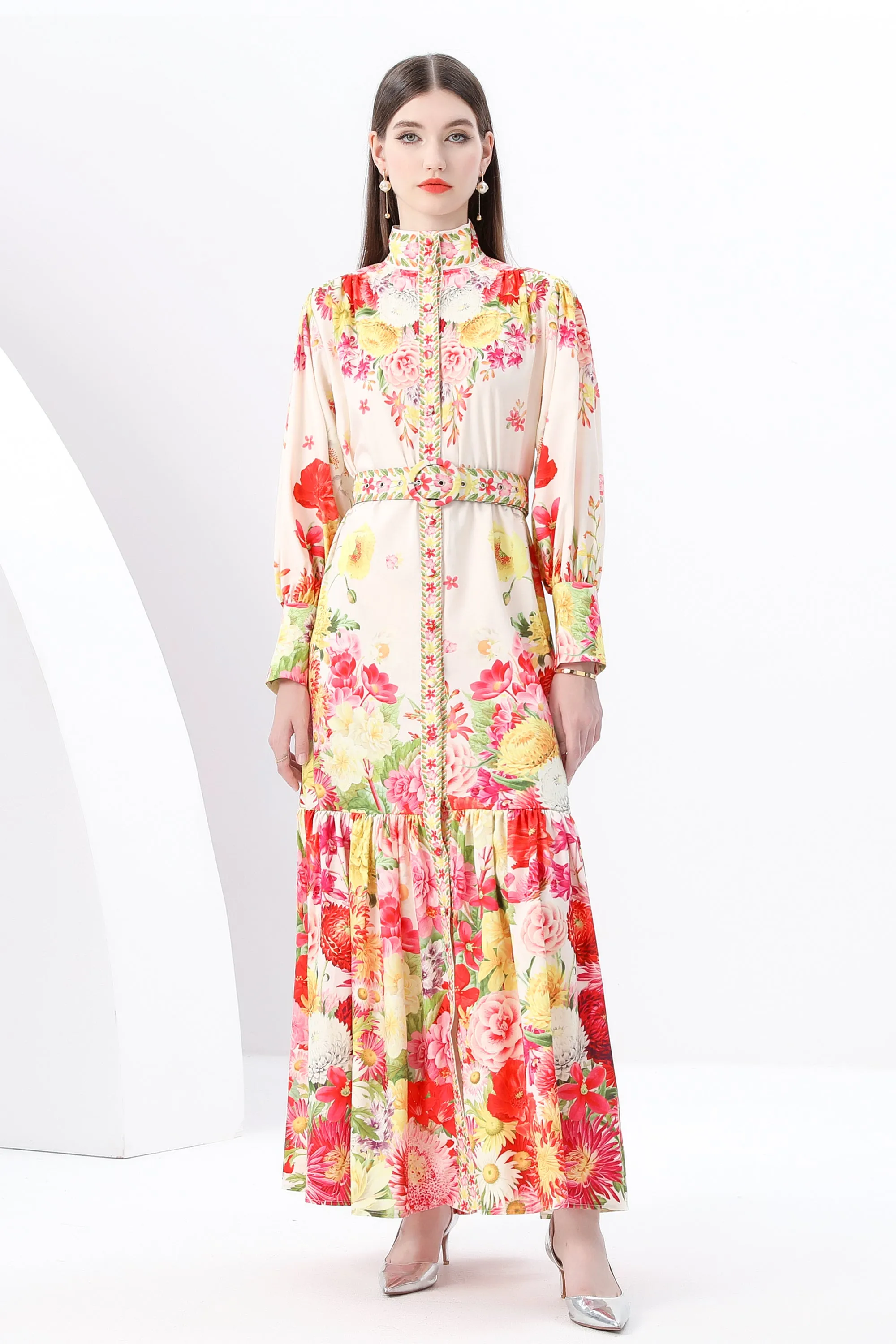 Women's Puff Sleeve Button Floral Pring Maxi Dress