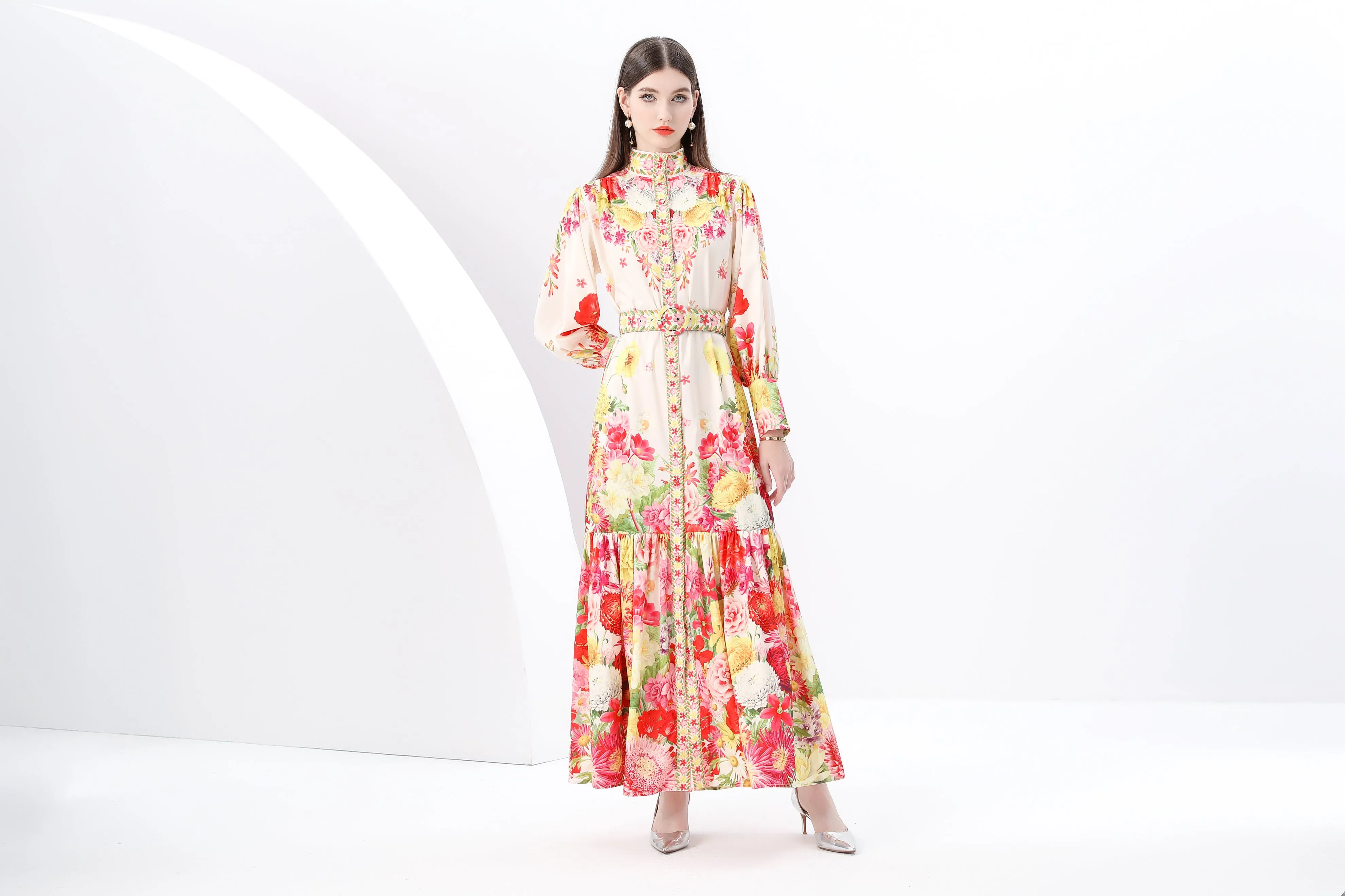 Women's Puff Sleeve Button Floral Pring Maxi Dress
