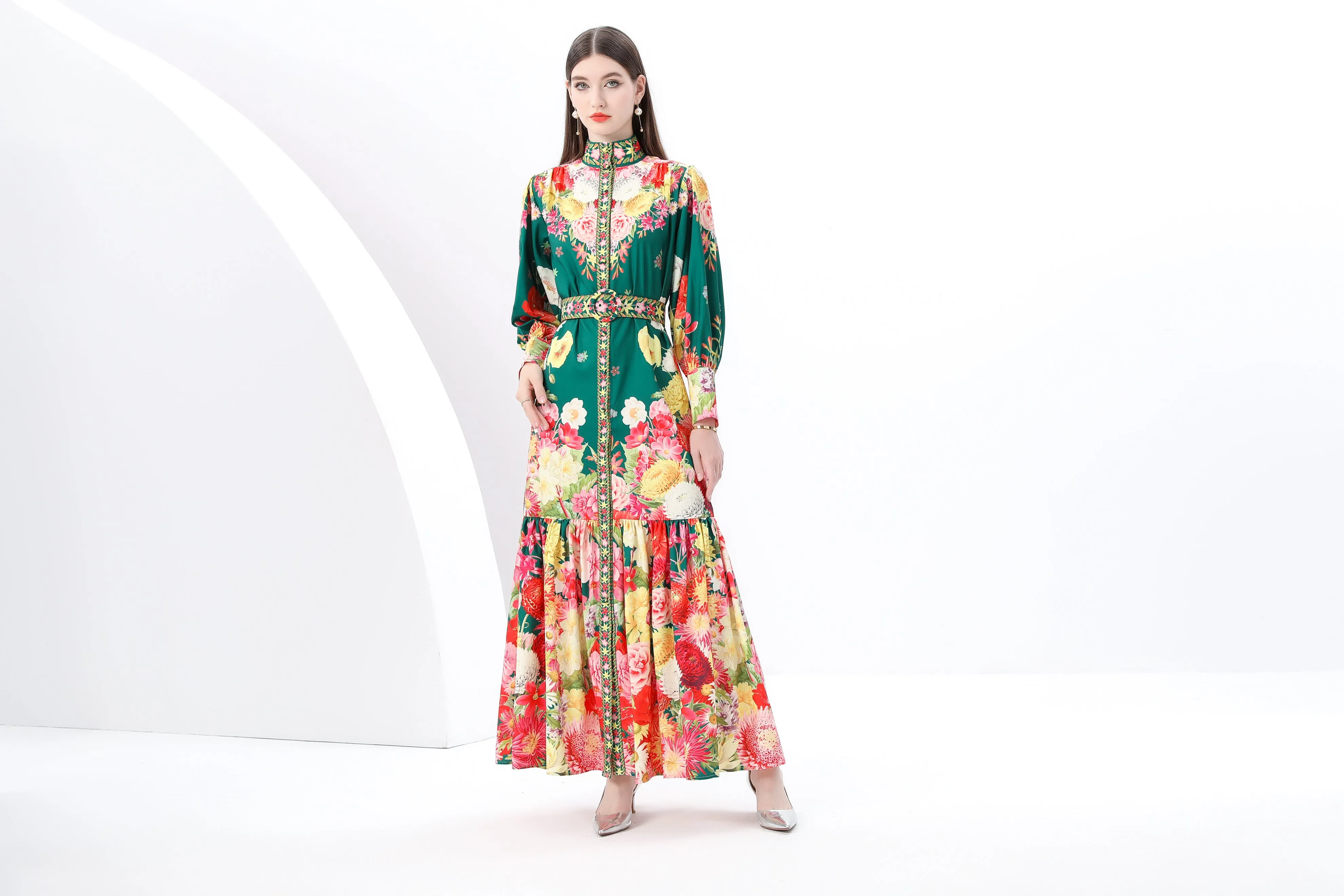 Women's Puff Sleeve Button Floral Pring Maxi Dress